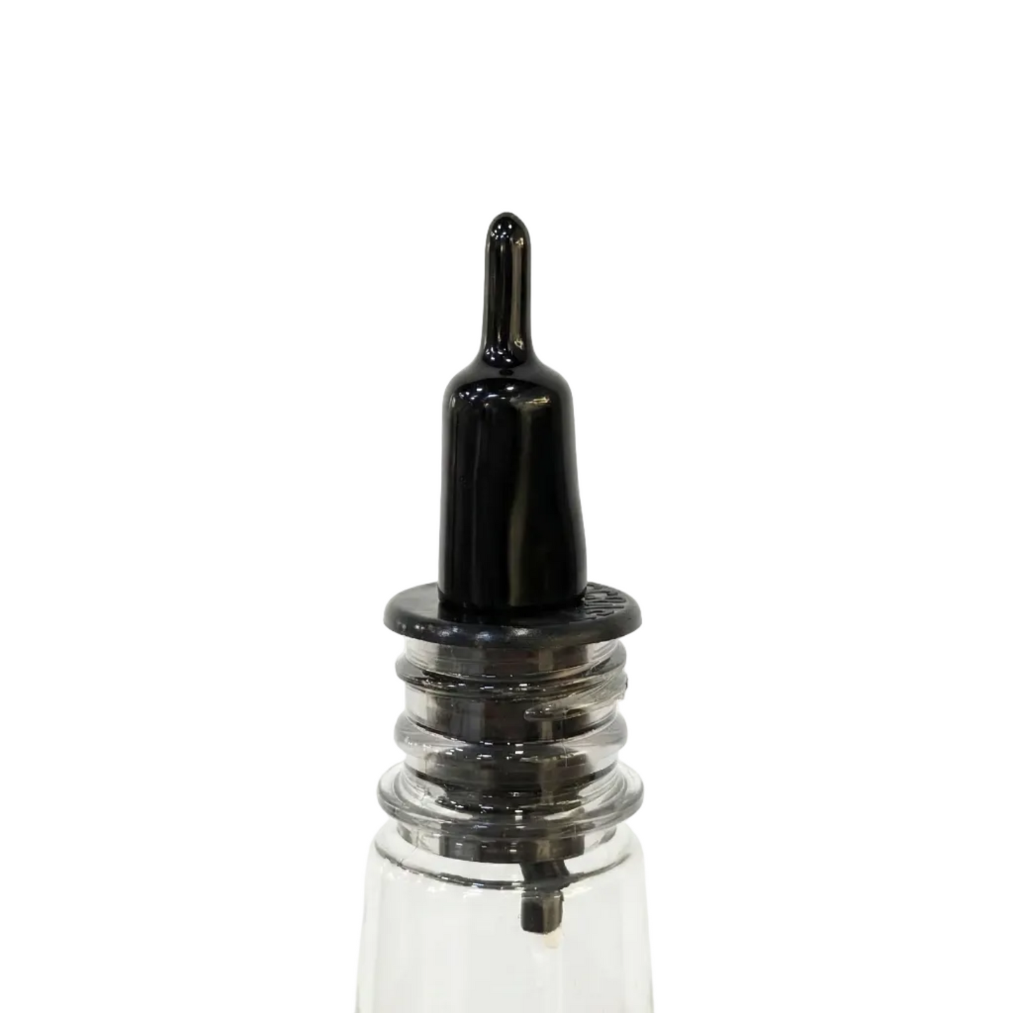 Clear glass bottle with black cap on a white background