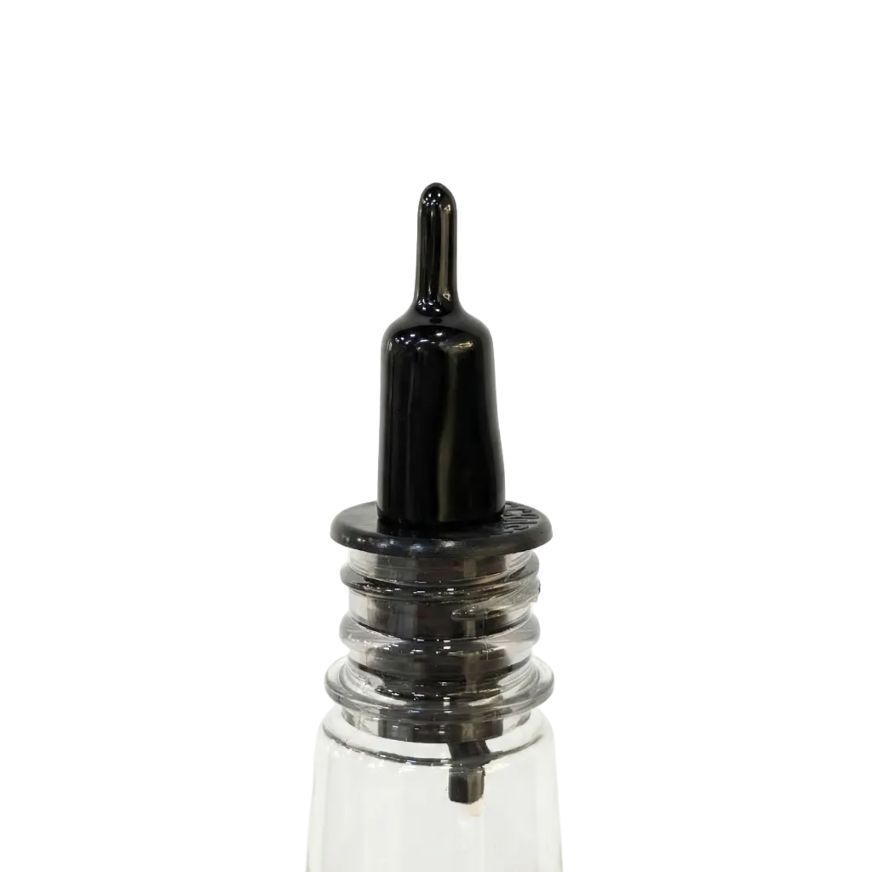 Clear glass bottle with black cap on a white background