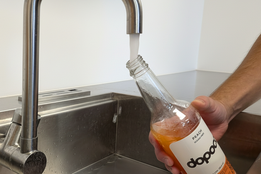 Person pouring a bottle labeled 'dopoco' into a sink with a modern faucet.