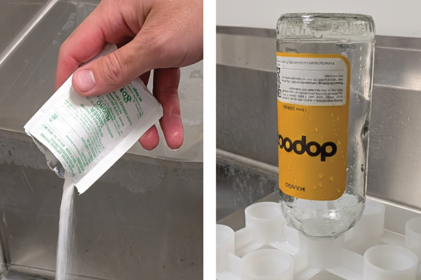 Hand pouring liquid from a packet into a sink, with a bottle labeled 'dopoco' in the background.
