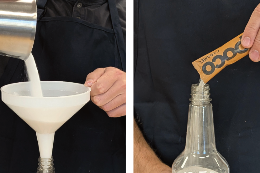 Person pouring sugar into a funnel and pouring a "dopoco" flavor packet into a bottle